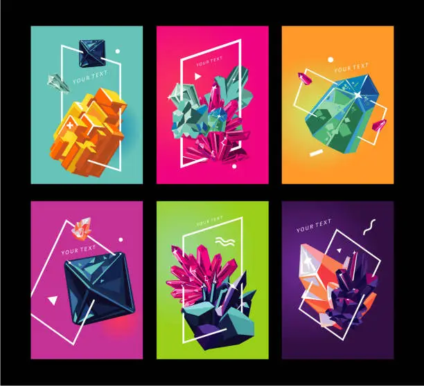 Vector illustration of Trendy poster collection with crystals. Abstact covers set.