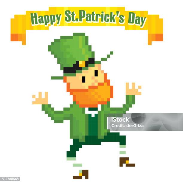 Dancing Leprechaun Stpatrick S Day Greteeng Card Pixel Art Old School Computer Graphic Style Games Elements Stock Illustration - Download Image Now