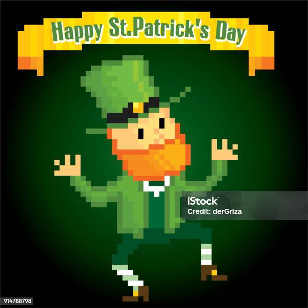 Dancing Leprechaun Stpatrick S Day Greteeng Card Pixel Art Old School Computer Graphic Style Games Elements Stock Illustration - Download Image Now