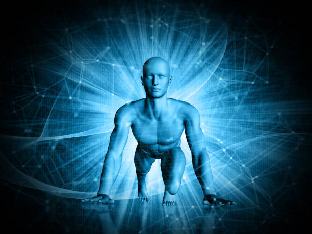 istock 3D abstract techno background with male figure in running start position 914789114