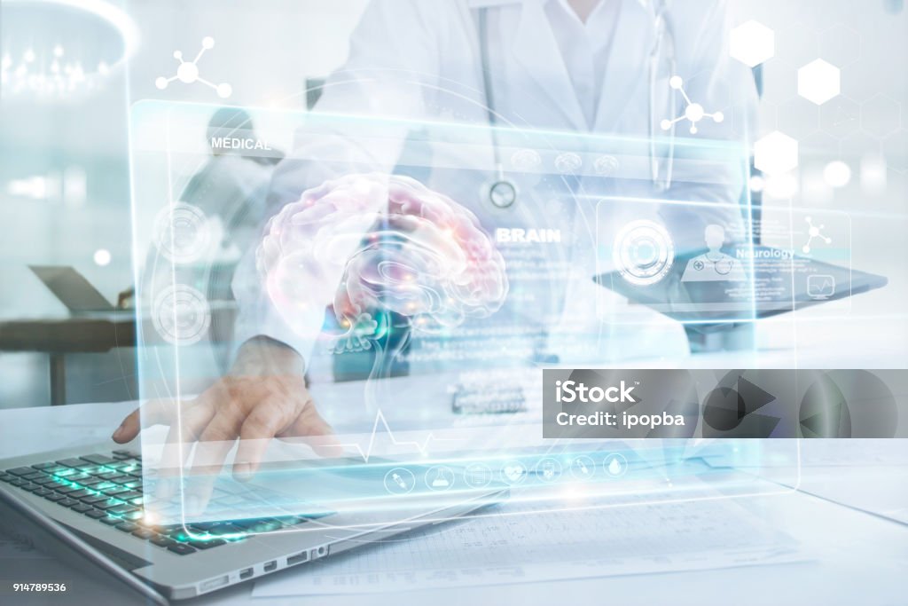 Medicine doctor in brain touching laptop and information medical network connection with modern virtual screen interface in laboratory. Technology Innovation and medicine concept Human Nervous System Stock Photo