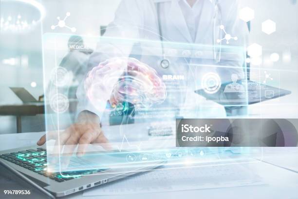 Medicine Doctor In Brain Touching Laptop And Information Medical Network Connection With Modern Virtual Screen Interface In Laboratory Technology Innovation And Medicine Concept Stock Photo - Download Image Now