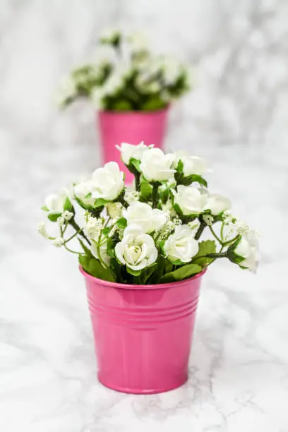 Small decorative artificial white flowers in pink pot