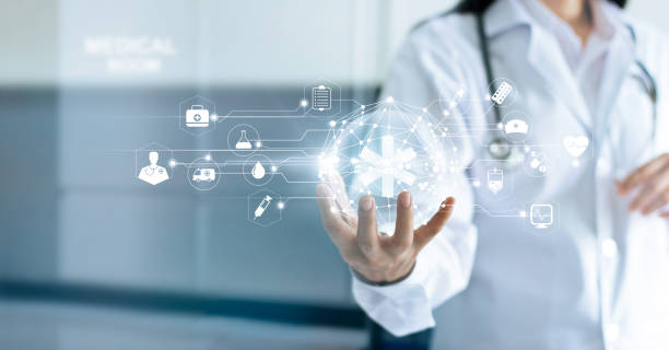 istock Technology Innovation and medicine concept. Doctor and medical network connection with modern virtual screen interface in hand on hospital background 914789708