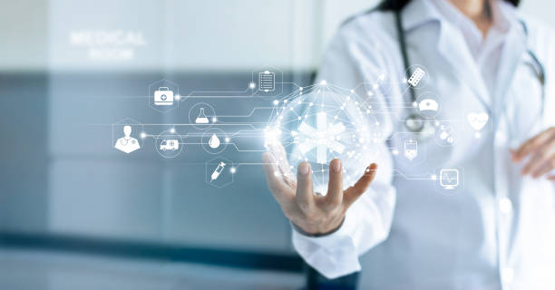 technology innovation and medicine concept. doctor and medical network connection with modern virtual screen interface in hand on hospital background - medical equipment doctor healthcare and medicine equipment imagens e fotografias de stock