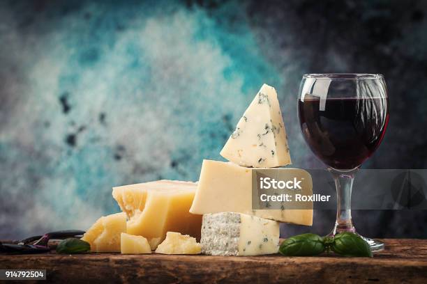 Various Types Of Cheese Still Life Stock Photo - Download Image Now - Cheese, Wine, Black Color