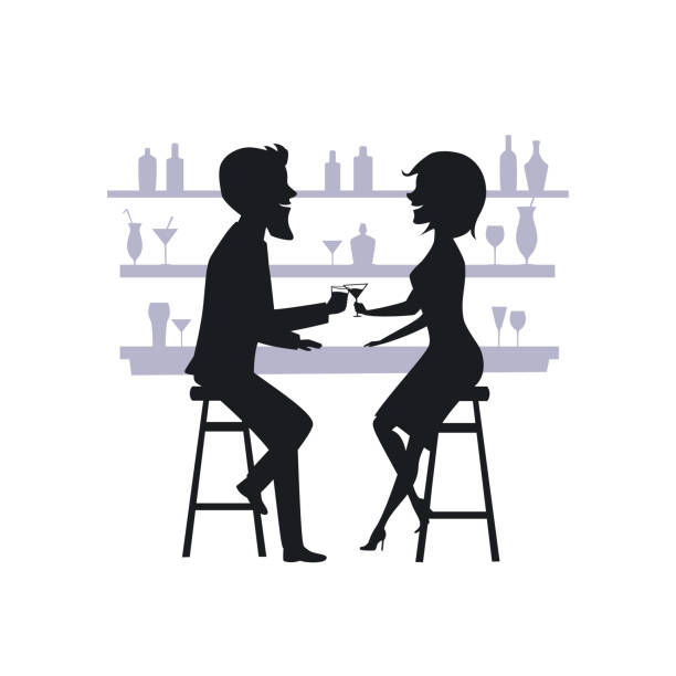 カップル、男性と女性、日付バーでカクテルを飲んで対抗シルエット - drinking couple bar counter bar点のイラスト素材／クリップアート素材／マンガ素材／アイコン素材