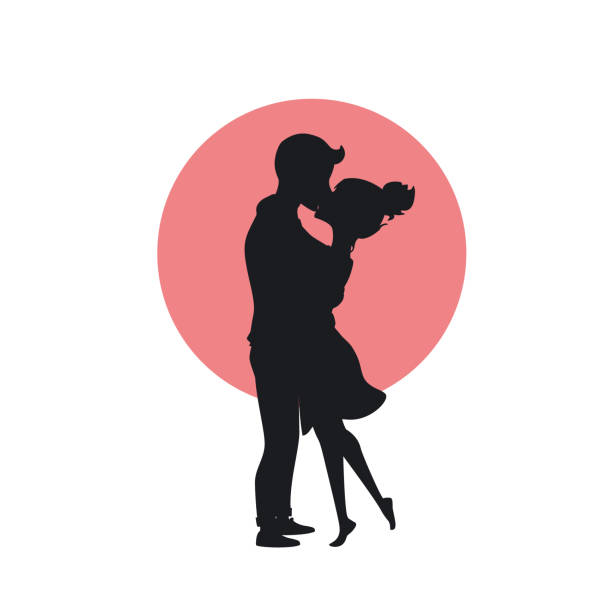 urocza szczęśliwa para zakochana przytula i całuje romantyczną sylwetkę - passion kissing black white stock illustrations