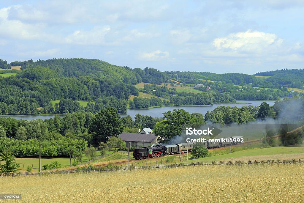 Antigo trem a vapor retrô, passando pelo lago - Foto de stock de Agricultura royalty-free