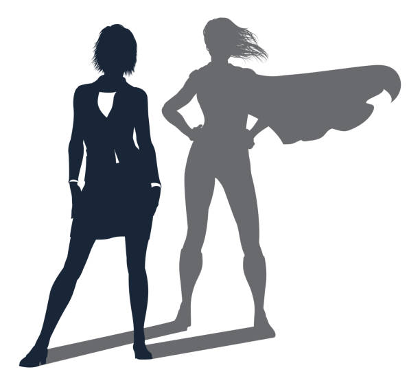 Superhero Shadow Businesswoman Conceptual illustration of a business woman revealed as a super hero by her shadow woman white background stock illustrations