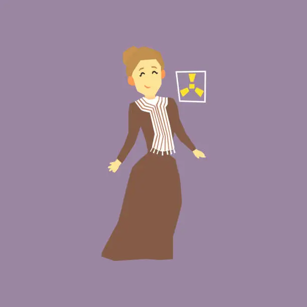 Vector illustration of Famous woman scientist - Marie Curie. Discoverer of two radioactive elements radium and polonium. Cartoon character in long old-fashioned dress. Flat vector design