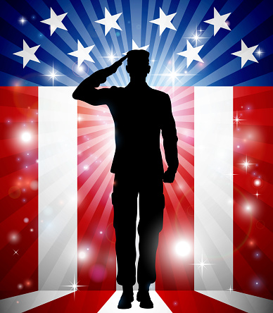 A US soldier saluting in front of an American flag background for Veterans Day