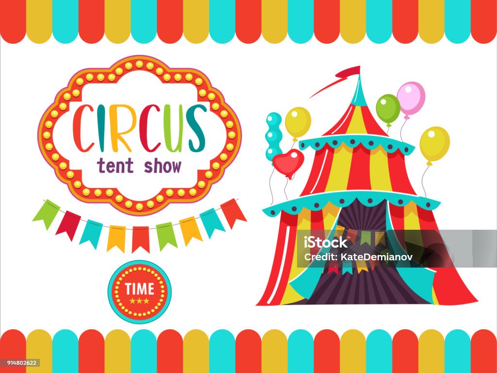 Circus performers illustration Circus. The circus poster, invitation, flyer. Vector illustration. Circus performance. Tent decorated with balloons and flags. Circus stock vector