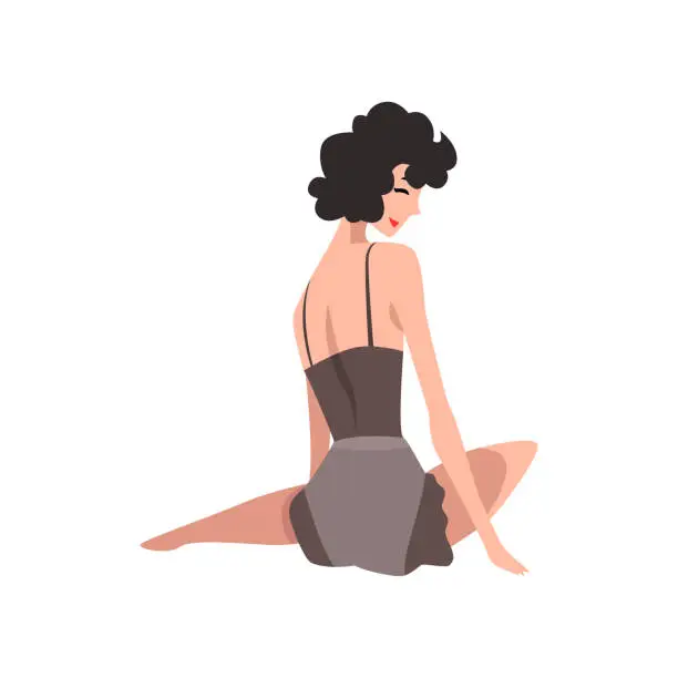 Vector illustration of Back view of sitting fashion model in black vintage lingerie. Sexy woman in retro pin-up underwear. Cartoon sensual girl with black curly hair. Flat vector design