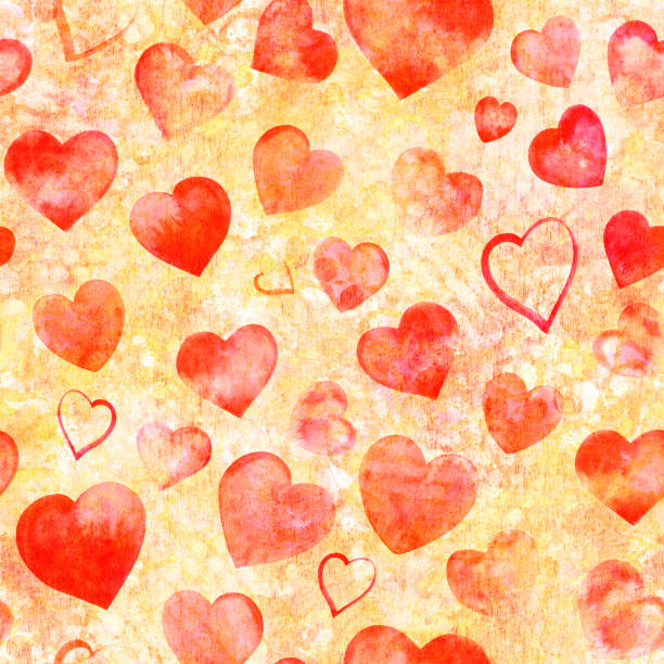 istock Seamless pattern of watercolor red hearts on yellow texture, Valentine print 914809948