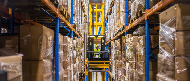 Stacks of boxes on warehouse shelves