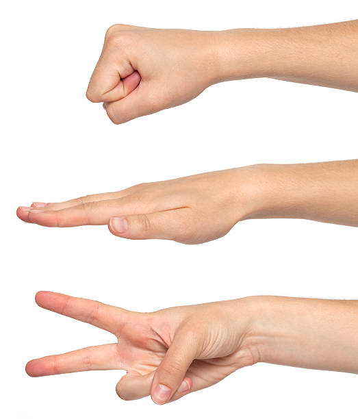 Three female hand gestures of the rock, paper, scissors game isolated over a white background. All three hands enter from the right of the frame.  Image cleaned of unnecessary flaws. Canon 5D MarkII.