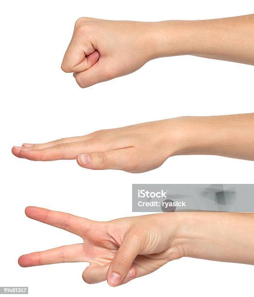 Rock Paper Scissors Hand Gestures Game On White Background Stock Photo - Download Image Now