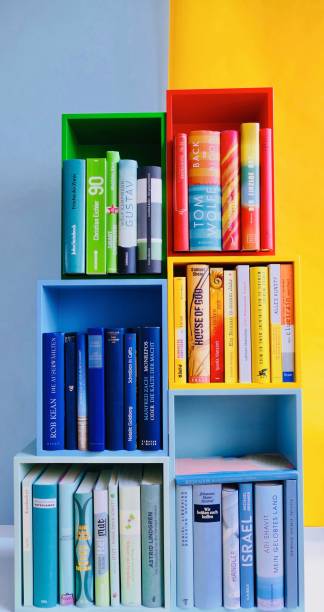 istock Colorful library book shelves packed with books in shelf colors 914814002