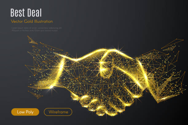 Business handshake LOW POLY gold Low poly illustration of the Business handshake with a golden dust effect. Sparkle stardust. Glittering vector with gold particles on dark background. Polygonal wireframe from dots and lines. website wireframe illustrations stock illustrations
