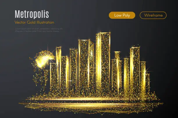 Vector illustration of metropolis LOW POLY gold
