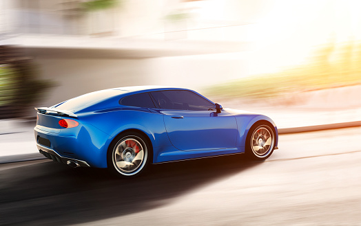 blue sports car driving on urban scene, photorealistic 3d render, generic design, non-branded