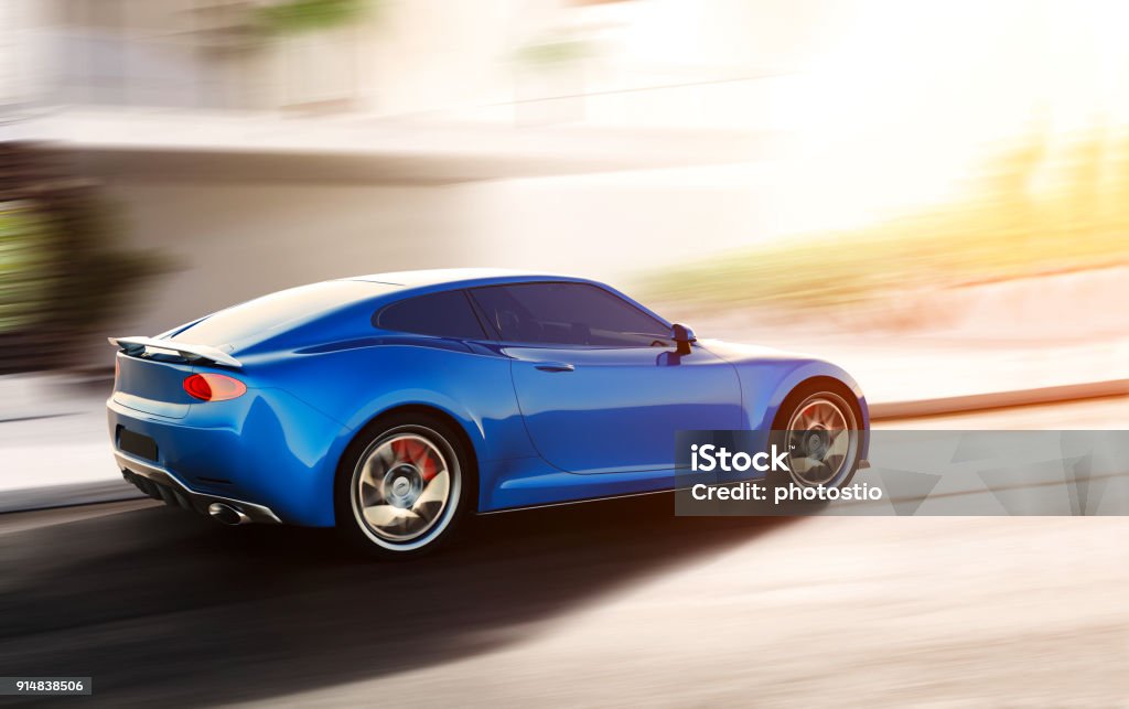 blue sports car driving on urban scene blue sports car driving on urban scene, photorealistic 3d render, generic design, non-branded Car Stock Photo