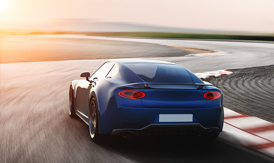 blue sports car driving on racetrack, photorealistic 3d render, generic design, non-branded