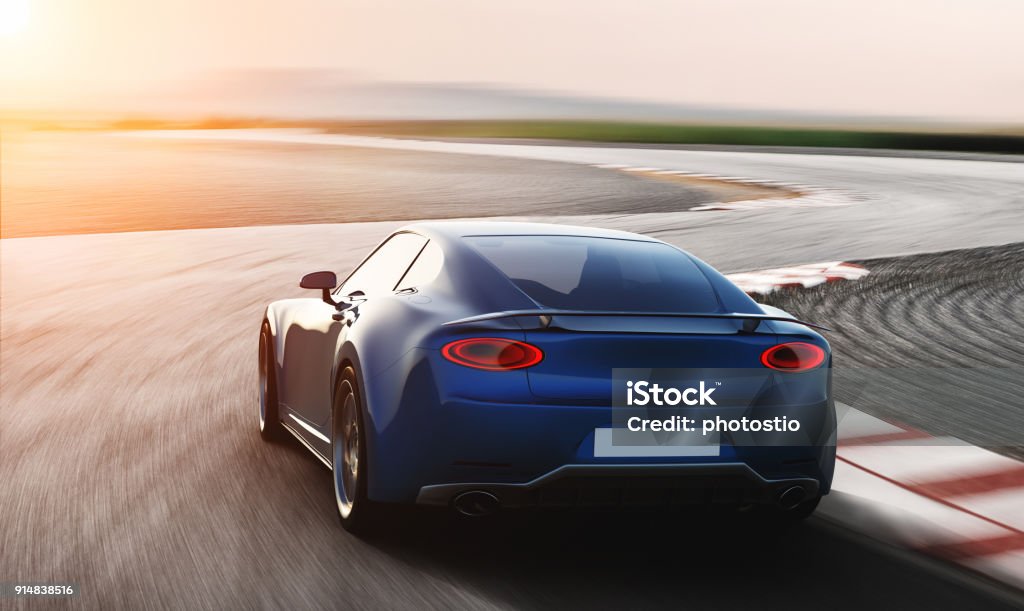 blue sports car driving on racetrack blue sports car driving on racetrack, photorealistic 3d render, generic design, non-branded Car Stock Photo