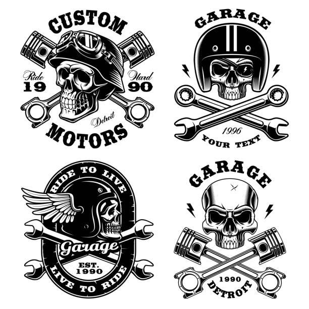 Set of Biker skulls. Set of Biker skulls. Motorcycle design templates on white background. Text is on the separate groups. hot rod car stock illustrations