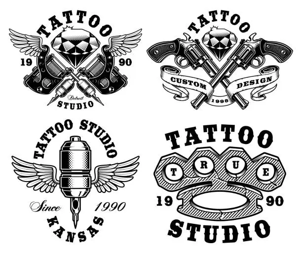 Vector illustration of Set of monochrome tattoo emblems.