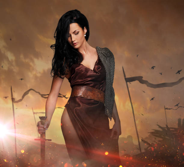 brunette female in a war queen costume.
