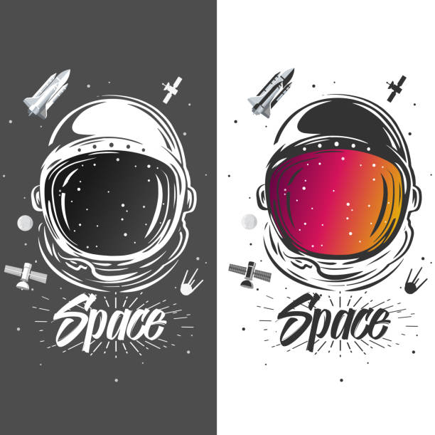 astronauten-anzug-kunst. raum-abbildung. symbol der raumfahrt, wissenschaftliche forschung. astronaut t-shirt-design. spaceman, neue planeten zu erforschen - space helmet stock-grafiken, -clipart, -cartoons und -symbole