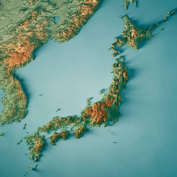 3D Render of a Topographic Map of Japan.
All source data is in the public domain.
Color texture: Made with Natural Earth. 
http://www.naturalearthdata.com/downloads/10m-raster-data/10m-cross-blend-hypso/
Boundaries Level 0: Humanitarian Information Unit HIU, U.S. Department of State (database: LSIB)
http://geonode.state.gov/layers/geonode%3ALSIB7a_Gen
Relief texture and Rivers: SRTM data courtesy of USGS. URL of source image: 
https://e4ftl01.cr.usgs.gov//MODV6_Dal_D/SRTM/SRTMGL1.003/2000.02.11/
Water texture: SRTM Water Body SWDB:
https://dds.cr.usgs.gov/srtm/version2_1/SWBD/