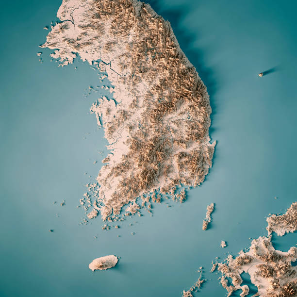 république de corée rendu 3d carte topographique neutre - yellow sea photos et images de collection