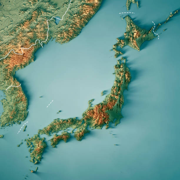 Japan 3D Render Topographic Map Border 3D Render of a Topographic Map of Japan.
All source data is in the public domain.
Color texture: Made with Natural Earth. 
http://www.naturalearthdata.com/downloads/10m-raster-data/10m-cross-blend-hypso/
Boundaries Level 0: Humanitarian Information Unit HIU, U.S. Department of State (database: LSIB)
http://geonode.state.gov/layers/geonode%3ALSIB7a_Gen
Relief texture and Rivers: SRTM data courtesy of USGS. URL of source image: 
https://e4ftl01.cr.usgs.gov//MODV6_Dal_D/SRTM/SRTMGL1.003/2000.02.11/
Water texture: SRTM Water Body SWDB:
https://dds.cr.usgs.gov/srtm/version2_1/SWBD/ land feature stock pictures, royalty-free photos & images