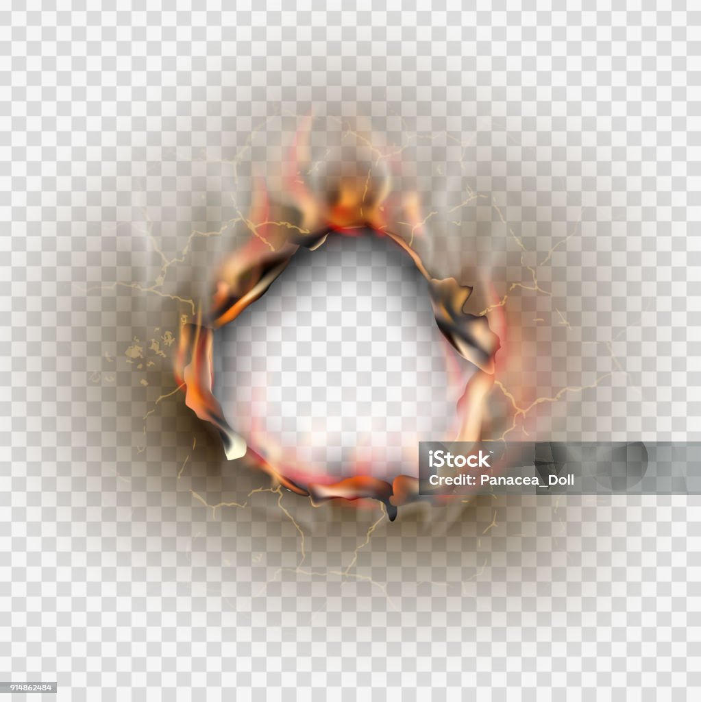 Hole torn in ripped paper with burnt and flame on transparent background Paper stock vector