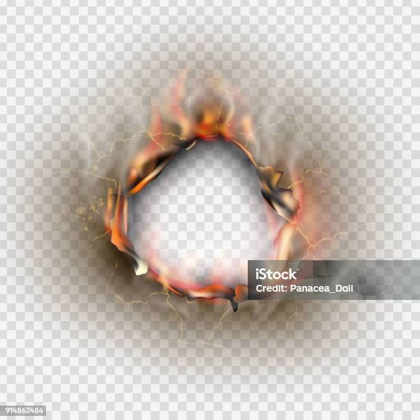 Hole Torn In Ripped Paper With Burnt And Flame On Transparent Background Stock Illustration - Download Image Now