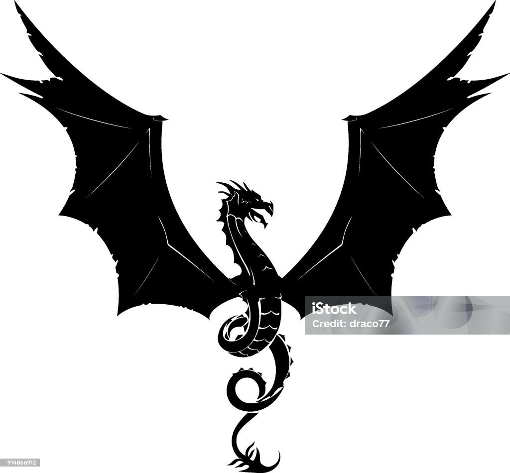 Dragon Wing Emblem Isolated vector illustration of mythical dragon silhouette, full body and mid air flying Dragon stock vector