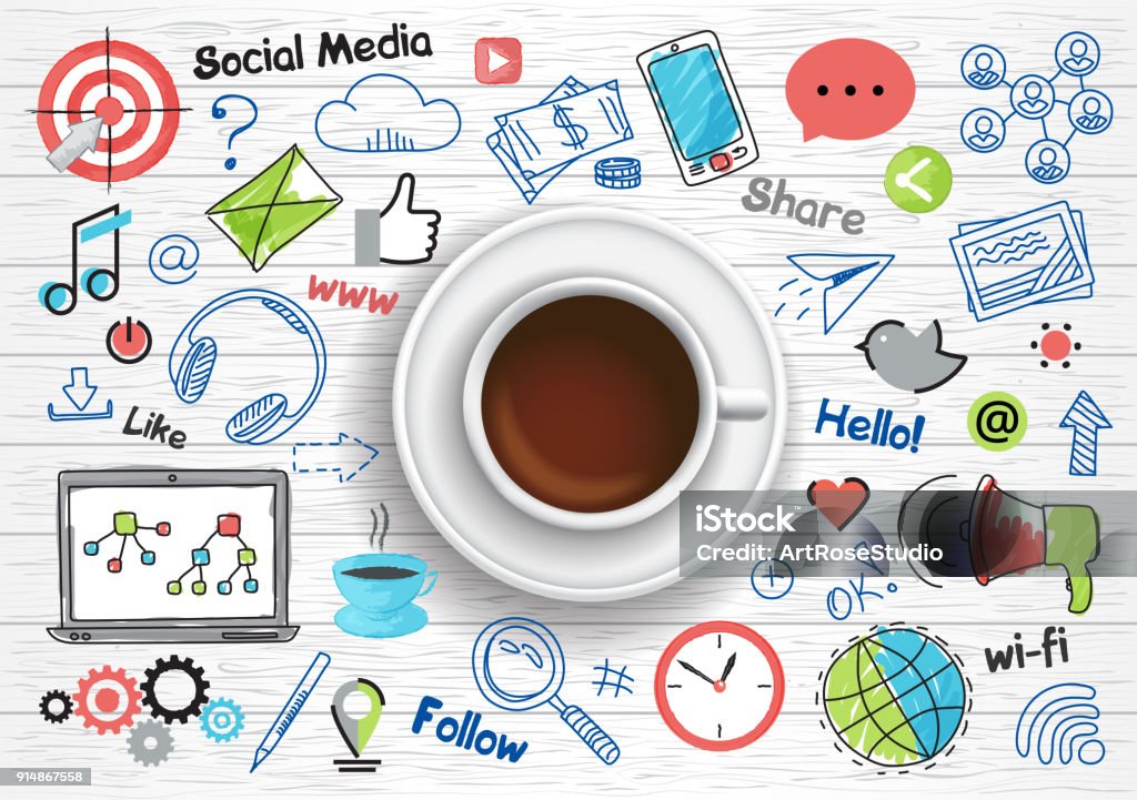 Concept of social media for graphic and web design Modern flat thin line and realistic design vector illustration, concept of social media, social networking, web communtity and posting news for graphic and web design Social Media stock vector
