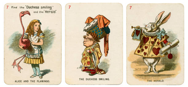 Alice In Wonderland playing cards 1898 Set 7 1898 Alice In Wonderland playing cards. This is Set 7 from a deck of 19th century playing cards "The new and diverting game of Alice In Wonderland", consisting of 48 playing cards with drawings faithfully copied by Miss E. Gertrude Thomson from original drawings by Sir John Tenniel, as they appeared in the 1896 edition of the book "Alice's Adventures In Wonderland" by Lewis Carroll. The manufacturer is Thomas de la Rue (London). The 48 cards are arranged in sixteen sets of three cards, each set bearing the same number. One card in each set is the “leading” card and shows the title of the other two cards. Set 7 shows Alice and the flamingo, the Duchess smiling and the herald (a rabbit). duchess photos stock pictures, royalty-free photos & images