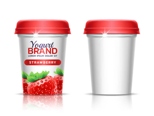 ilustrações de stock, clip art, desenhos animados e ícones de a plastic cup with lid for dairy products. paper cup for drinks. package design template. 3d realistic illustration. theme of fermented dairy products, agricultural. healthy dietary food - yogurt container