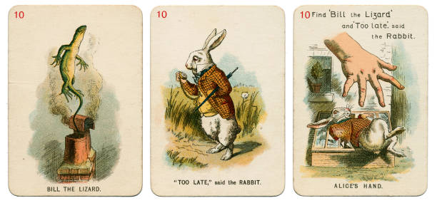 alice in wonderland playing cards 1898 set 10 - 1898 imagens e fotografias de stock