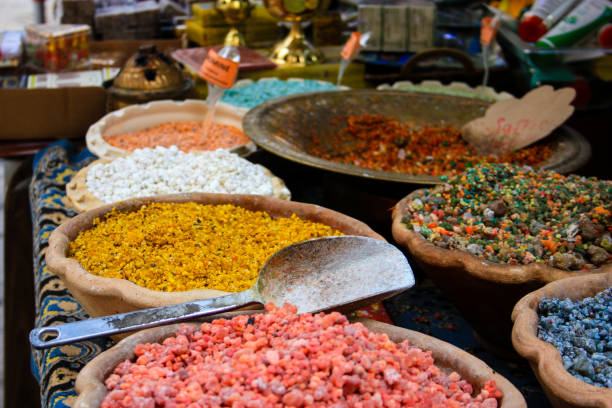 A selection of spices displayed for sale in a market
