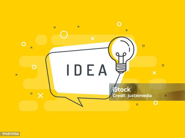 電球と吹き出しのクイック ヒント バッジ黄色の背景のトレンディなフラット ベクターベクトルの図 - アイデアのベクターアート素材や画像を多数ご用意 - アイデア, ひらめき, 助言