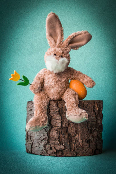 istock Satisfied Easter rabbit with tulip and egg on the stump. 914876702