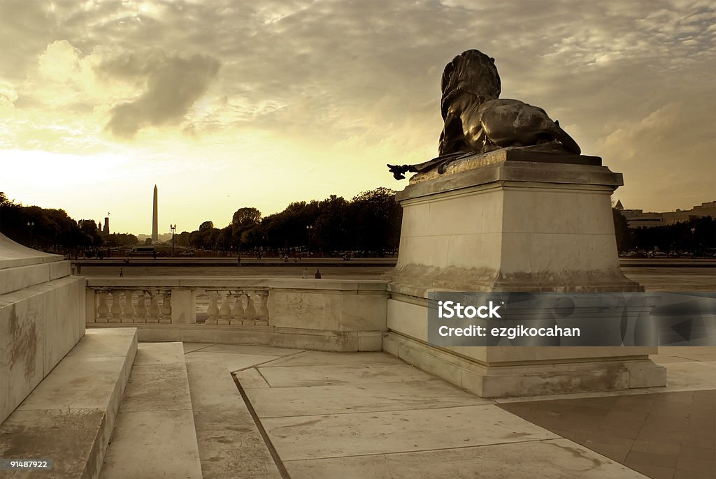 Estátua de leão com o Monumento de Washington - Foto de stock de Arquitetura royalty-free