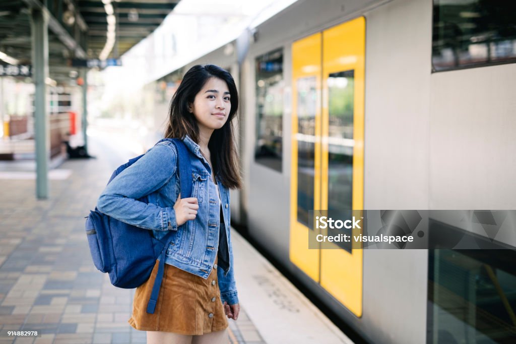 Taking the train in Sydney train station Two friends in a central train station ready to take a trip anywhere they want to go. These two young women look hip and young, ready to take on the world. Australia Stock Photo