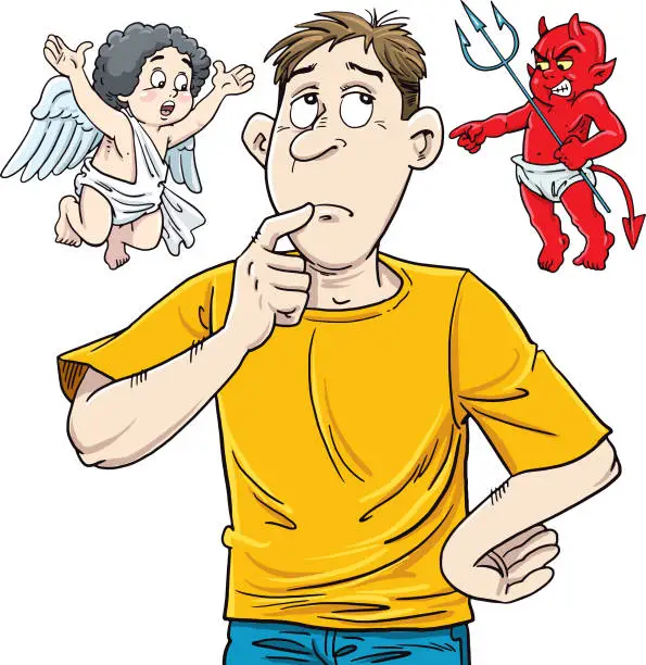 Vector illustration of Man between an angel and devil