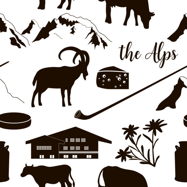 ilustrações de stock, clip art, desenhos animados e ícones de the alps seamless pattern flat icons. mountain matterhorn, alpine ibex, chalet, edelweiss, alpenhorn. - swiss culture illustrations